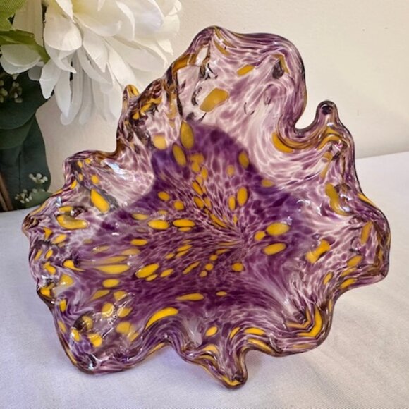 Hand Blown Murano Style Trumpet Dish‎ Purple Yellow Swirl Glass Art MCM Italian - Picture 1 of 4